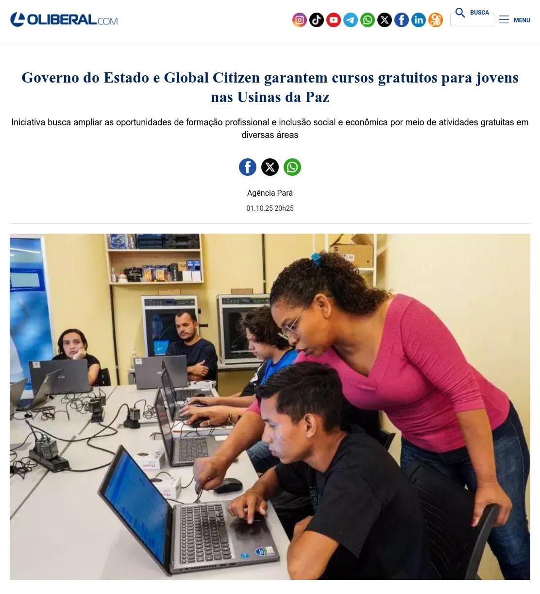 Recorte de O Liberal sobre a iniciativa da Global Citizen e do Governo do Pará
